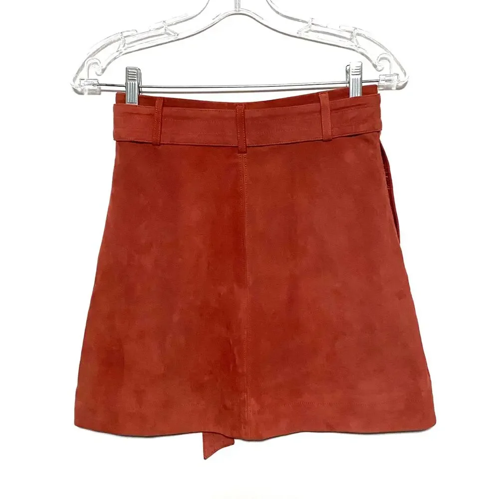 Joie Button Front Mini A Line Skirt Neida Lamb Leather Suede Belted Womens 0 - Picture 4 of 7
